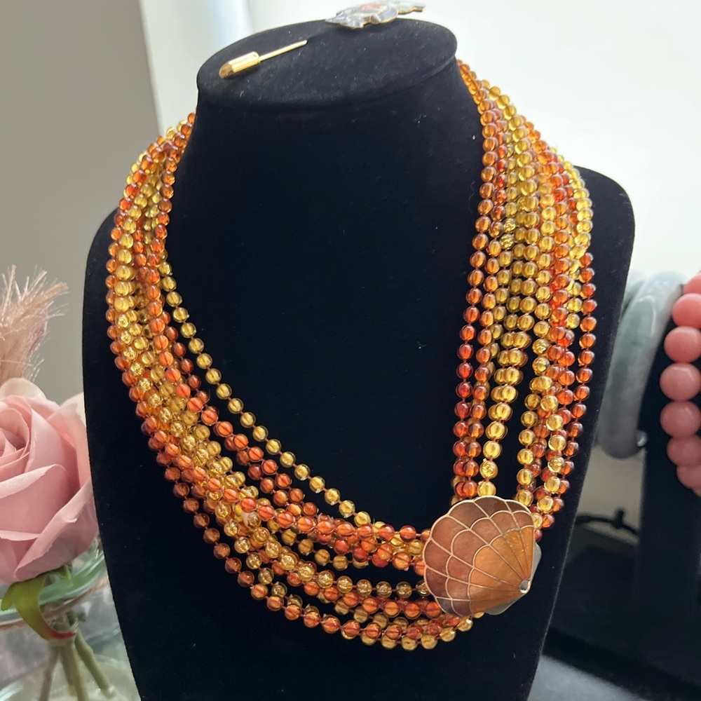 Vintage Multi-Strand Beaded Necklace – Orange & Yellow with Shell Clasp